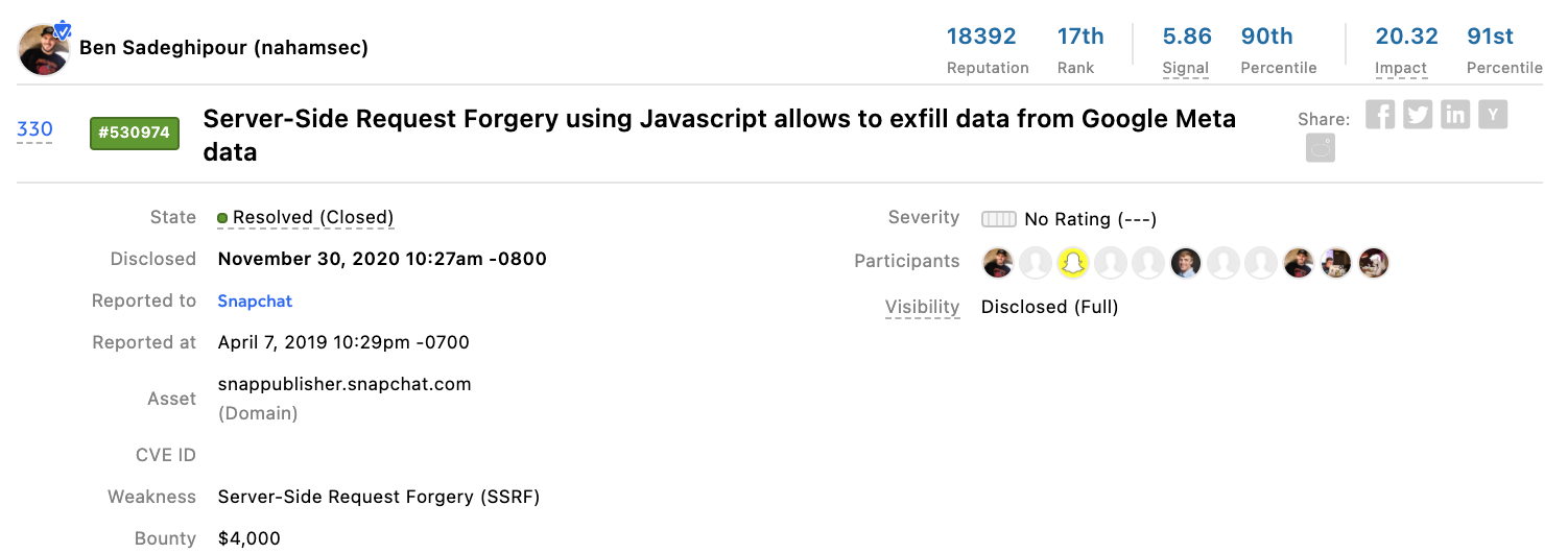 SSRF vulnerability reported by hackers to Snap on the HackerOne platform.