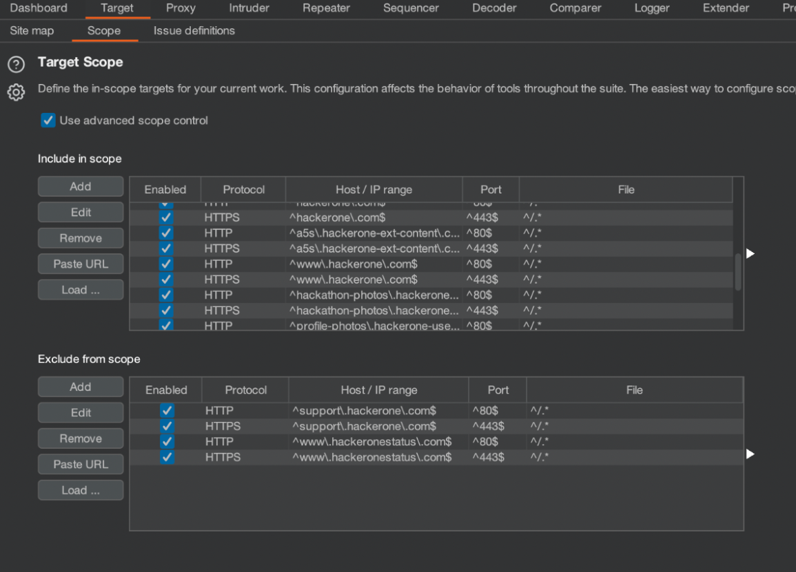 Figure 6 - Scope from HackerOne downloaded and imported into Burp Suite.